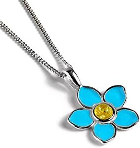 HENRYKA Baltic Amber and 925 Sterling Silver Hand-Painted Forget Me Not Necklace, Flower Jewellery, Remember Me GiftS, Silver Amber, Amber