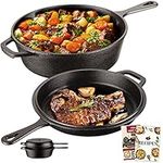 Overmont Cast Iron Skillets 3.2 QT Deep Pot + Frying Pan Lid Pre-seasoned Multi Cooker Skillet Set Dutch Oven Suitable for Grill, Baking, Works on Induction, Electric, Stovetop