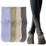 Yoga Pilates Non Slip Grip Socks for Women (4 Pairs) Non Skid Gripper Crew Socks for Yoga Hospital Pilates Barre Home (Cotton, 6)