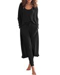 Eurivicy Womens Lounge Set Waffle Knit 3 Piece Pajamas Set Tank Tops Loose Pants with Long Cardigan Loungewear 2024, Black, Small
