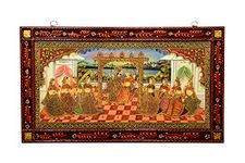 Wellbourne Ancient Royal Rajasthani 18x30 inches Framed Canvas Print Painting of King and Queen spending quality time in Courtyard for Home Decor Living Room Restaurant and Gift - Ready to Hang