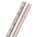 Hallmark Wedding Wrapping Paper Rolls - Gold Hearts, Rose Flowers, White Stripes Gift Wrap Paper (Set of 3 Rolls: 85 sq. ft. ttl) for Bridal Showers, Birthdays, Weddings, Mother's Day, Valentine's Day