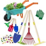 LATERN Kids Gardening Tool Set, 70CM Wheelbarrow with 70CM Metal Shovel Rake Hoe Leaf Rake 20CM Shovel Rake Gloves Educational STEM Learning Pretend Toy for Outdoor Garden Yard Lawn Digging Playing