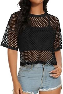 Women's Mesh Fishnet Top See Through Cover Up Short Sleeves T Shirts Sheer Blouse, A Black