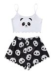 SOLY HUX Women's Cartoon Print Lettuce Trim Cami Top and Shorts Cute Pajama Set Sleepwear, White Black Panda, X-Large