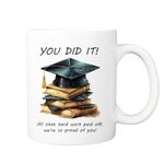 Graduation Gift Mug for Grandson, Granddaughter, Son, Daughter, Niece, Nephew, Great Present for Someone Passing Their GCSEs, A-Levels or Any Exams. You Did It, Mortar Board and Books Design