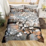 Modern Abstract Art Bedding Set,Brown Gray Painting Comforter Cover Set for Teens Women Room Decor,White Flowers Duvet Cover Breathable Winter Scenery Bedspread Cover Double Size(No Comforter)