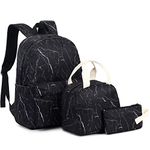 Marble Girls School Backpack for Kids Teens, Elementary Middle School Backpacks Bookbag Set with Lunch Bag Pencil Case (Black)