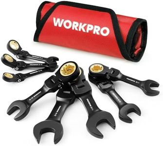 WORKPRO 8-Piece Stubby Anti-slip Ratcheting Combination Wrench Set, SAE 5/16-3/4 in, 72-Teeth, CRV, Black Electrophoretic Coating, Flex-Head Wrench Set with Rolling Pouch