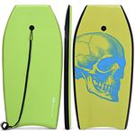 Goplus Boogie Boards for Beach, 41''/37''/33'' Lightweight Bodyboard with EPS Core, XPE Deck, HDPE Slick Bottom, Wrist Leash, Surfboard for Kids Adults Surfing (Green Skull, 37-inch)