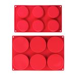 Webake Silicone Molds for 3 Inch and 4 Inch Round Disc Pan for Cake, Muffin Top, Bun, Custard, Tart, Resin Coaster, 6 Cavity, Red Set of 2