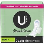 U by Kotex Clean & Secure Ultra Thin with Wings Pads for women (Previously 'Security'), Heavy Absorbency, 32 Count (Packaging May Vary)