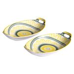 Nestasia Set of 2 Yellow and Green Mandala Design Ceramic Long Platter with Handles for Serving Snacks, Appetizers, Salads, and Noodles | Microwave Safe, Dishwasher Safe (10.8 Inch)