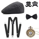 1920s Gangster Set Gatsby Fancy Dress Accessories, Men Costume Kit with Panama Hat, Adjustable Elastic Suspenders, Bow Tie, Moustaches Set and Vintage Pocket Watch