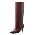 MIRAAZZURRA Brown Knee High Boots Kitten Heel Pointed Toe Slouchy Wide Calf Fold Over Boots Pull on Women Boots Size 10