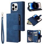 QLTYPRI Case for iPhone 14 Pro, Large Capacity Leather Wallet Case 6 Card Holder & 1 Zipper Pocket Kickstand Wrist Strap Magnetic Case for iPhone 14 Pro - Blue