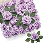 Mocoosy 50Pcs Rose Artificial Flowers, Real Looking Lilac Fake Roses for Decorations, Purple Foam Rose Bulk with Stems for DIY Wedding Bouquets Floral Arrangements Bridal Shower Party Home Decor