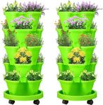 Umigy 2 Set 5 Tier Stackable Planter with Movable Casters and Bottom Saucer Vertical Gardening Planter Garden Planter for Growing Flower Herb Strawberries Vegetables Succulents Planters (Green)