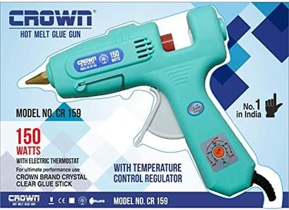 Crown Brand Professional Hot Melt Glue Gun - 150 Watt - Silicone Cover on Nozzle for Burn Protection - Temperature Control Gun with Rapid heating + 5 Glue Sticks - CR 159