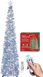 HMASYO 6 FT Pop Up Tinsel Christmas Tree with 100 LED Lights & Remote, Collapsible Artificial Pencil Tree with Snowflake Ornaments Xmas Decoration for Home, Office, Party, USB Powered Timer Lights