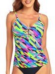 RELLECIGA Women's Neon Striped V Neck Shirred Tankini Top Swimsuits Tummy Control Bathing Suit Size Medium