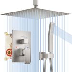 Shower System, HotQing 12 Inches Ceiling Mounted Shower System, Square Rain Shower Head, Handheld and Shower Faucet Rough-in Mixer Valve and Trim Bathroom Luxury Rain Mixer Shower Set Brushed Nickel