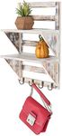 Excello Global Products 2-Tier Rustic Whitewashed Mounted Wood Wall Shelf with Shabby Chic, Farmouse Decor with 4 Hooks. Perfect For Any Room