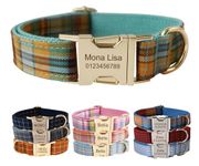 Personalised Dog Collar with Metal Buckle, Customized Pet Collars with Name Phone Number Address Engraved, Plaid