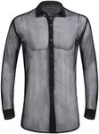 YiZYiF Mens See Through Sexy Mesh Long Sleeve T Shirt Button Up Shirt Tops Clubwear Black Large