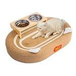 Cat Scratch Bed with Double Bowl, Happy Luna Scratch Lounge for Indoor Cats Grinding Claw, Cat Scratching Bed with Elevated Cat Food Dish, Scratch Lounge