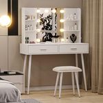 GarveeHome Makeup Vanity Desk with Mirror & Lights, Vanity Desk with Power Outlet, Large Makeup Table with Stool & 2 Drawers & 4 Shelves