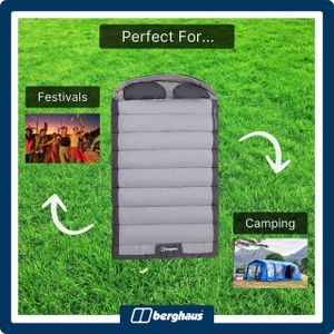 Berghaus Double Sleeping Bag – Waterproof, Built-in Pillow, 2-3 Season, Grey