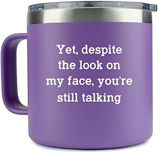 KLUBI Funny Mugs for Women- Yet Despite the Look on My Face Purple 14oz Stainless Steel Coffee Tumbler with Lid - Cute Idea for Sarcastic, Sarcasm, With Sayings, Cup, Office, Novelty, Gifts