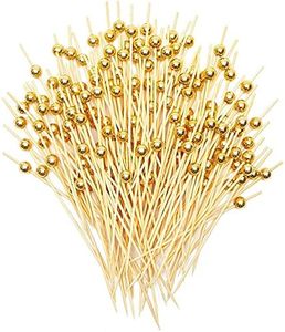 Gold Pearl Cocktail Picks, Bamboo Appetizer Toothpicks (4.7 Inches, 150 Pack)