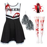 3pc Girls Zombie Cheerleader Costume for Girls with Cheerleader Pom Poms, Fake Blood and Bloody Tights - Dead Cheerleader Halloween Costume Kids - Cheerleader Outfit for Kids Halloween Costumes