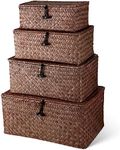 Woanger Set of 4 Seagrass Basket with Lids Woven Rattan Wicker Storage Basket Decorative Storage Boxes Rectangular Baskets for Decoration, Picnic, Groceries and clothes Storage(Coffee)