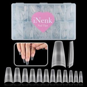 600PCS Upgrade Long Coffin Gel x Nail Tips, INENK Natural Flat Matte Half Cover XL Coffin Cover Nails, Clear Press on Fake nails for Soak Off Nail Extension Tips at Home and Salon DIY(12 SIZE)