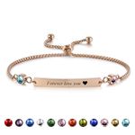 INBLUE Custom Name Bar Bracelet with Birthstone for Women Stainless Steel Adjustable Personalized ID Coordinate Engraved Bracelet Anniversary Customized Gift for Mom Girlfriend Sister - Rose Gold