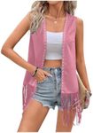 Verdusa Women's Fringe Vest Cardigan 70s Hippie Rivets Tassel Sleeveless Studded Jacket Pink XX-Large