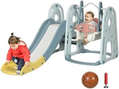 Qaba 4 in 1 Kids Slide and Swing Set with Basketball Hoop Adjustable Height Water-fillable Base Toddler Climber Playset Playground Activity Center Indoor Outdoor Exercise Toy