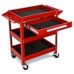 TANGZON 3-Tier Rolling Tool Cart, Utility Service Cart with Towel Rack Handle, Lockable Casters, Draw & Holes, Heavy-duty Steel Mobile Storage Trolley for Garage Warehouse Office (Red)