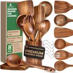 Wooden Utensil Set 8 Pcs – Sturdy & Easy to Clean, Natural Teak Wooden Spoons for Cooking – Non-Scratch Cooking Utensils with Spatula, Turner, Ladle, Spoons, Holder, Spoon Rest, 6 Hooks Kitchen Gifts