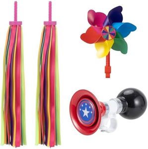 Kids Bike Horn Set, Children Bicycle Bell with 2 Pcs Bike Handle Streamers, and Windmill Kid Bike Accessories for Girls or Boy(Red)