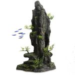 PENCK Aquarium Mountain View Stone Ornament Large and Tall Fish Tank Decorations Resin Rock Hiding Cave Aquarium Accessories Decor Landscape with Small Artificial Plants - 14.4inch High