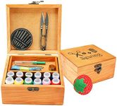 Sewing Kit, Wooden Sewing Kit Box for Adults, Wooden Sewing Basket with Accessories, Home Sewing Basket Stitching Repair Kit for Beginner, Women, Men (Brown)