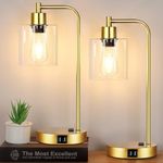 Industrial Touch Control Table Lamps Set of 2 - Gold Nightstand Bedside Lamps with 2 USB Ports & AC Outlet, 3-Way Dimmable Desk Lamp for Bedroom Living Room, Glass Shade & 2 LED Bulbs Included