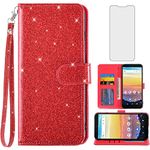 Asuwish Phone Case for Cricket Vision 3/Debut/AT&T Calypso 1 2 with Screen Protector and Glitter Wallet Cover Flip Card Holder Slot Stand Cell Accessories Wireless 4G LTE U318AA U319AA Women Men Red