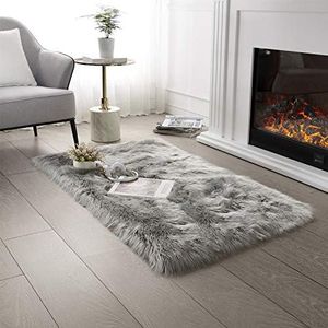 SERISSA Ultra Soft Faux Fur Area Rug Grey Fluffy Rug Plush Chair Cover Seat Pad Fuzzy Carpet Furry Besides Rug for Bedroom Floor Sofa Living Room 2x4 Feet (Rectangular, Light Grey)