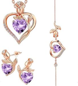 JACUPO Rose Heart Necklace Earrings Bracelet Set Moissanite/Lab-Grown Sapphire/Ruby Options S925 Silver Plated 18K White Gold Engraved I LOVE YOU Ideal for Mother's Day Proposal Gift for Girlfriend Wife (Necklace 1.2CT / Earrings 0.8CT) (Light Purple Gold 3Pcs Set)