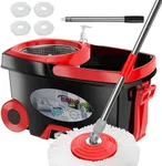 FunClean Spin Mop and Bucket,Mop and Bucket with Wringer Set for Home,360 Spinning Mopping Floor Cleaning Tool with 4 Microfiber Replacement Head Refills,61" Extended Handle, 2X Wheel - Black